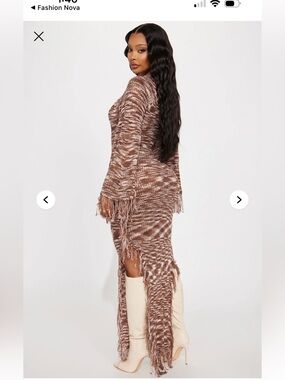 Fringed Knit Maxi Dress in Brown & Cream